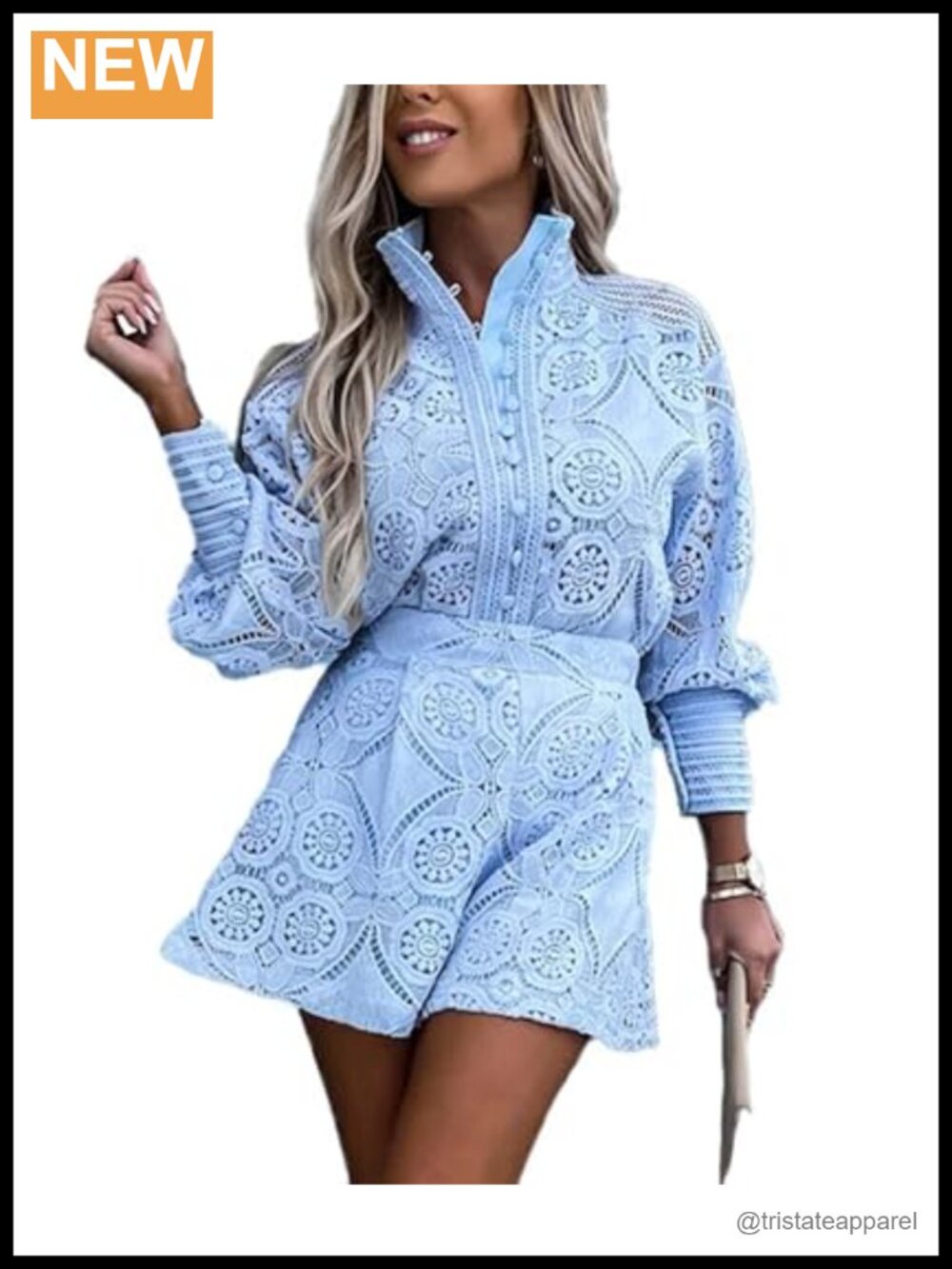 Women's Eyelet Lace Two Piece Outfit Long Sleeve Blouse & Shorts Set Boho